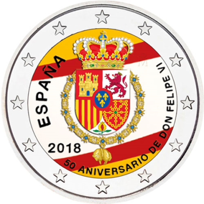 Pièce de 2 euros espagnole 2018 en couleur - 50e anniversaire du roi Felipe