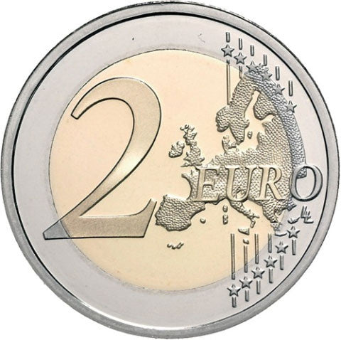 Pièce de 2 euros du Vatican, commémorant le 90e anniversaire de la fondation de l'État de la Cité du Vatican en 2019 (en couleur).