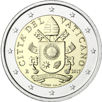 Pièce de 2 euros du Vatican, 2017, non circulée. Armoiries papales du pape François.
