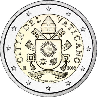 Pièce de 2 euros du Vatican, 2018, non circulée. Armoiries papales du pape François.